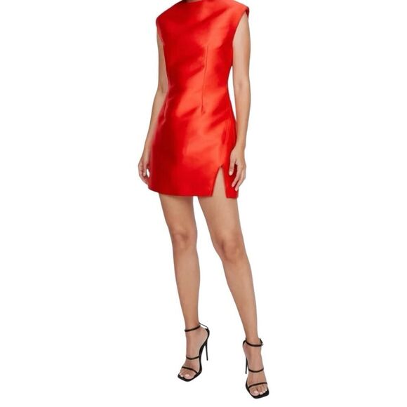 Nastygal Structured Satin Shoulder Pad Side Split Dress Red Designer NWT US 0 - Picture 2 of 7